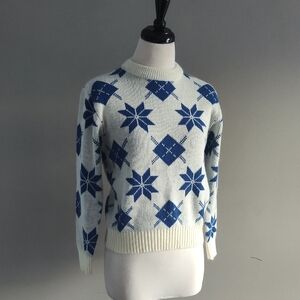 Elegant Blue and White Women's Crew Neck Sweater